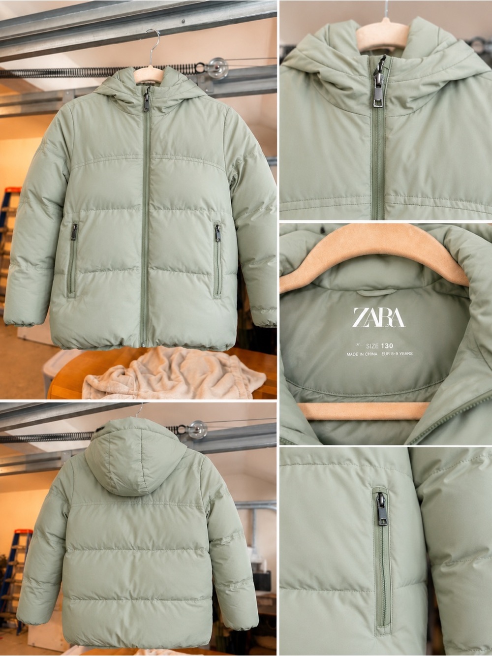 Zara Sage Green Quilted Hooded Puffer Jacket